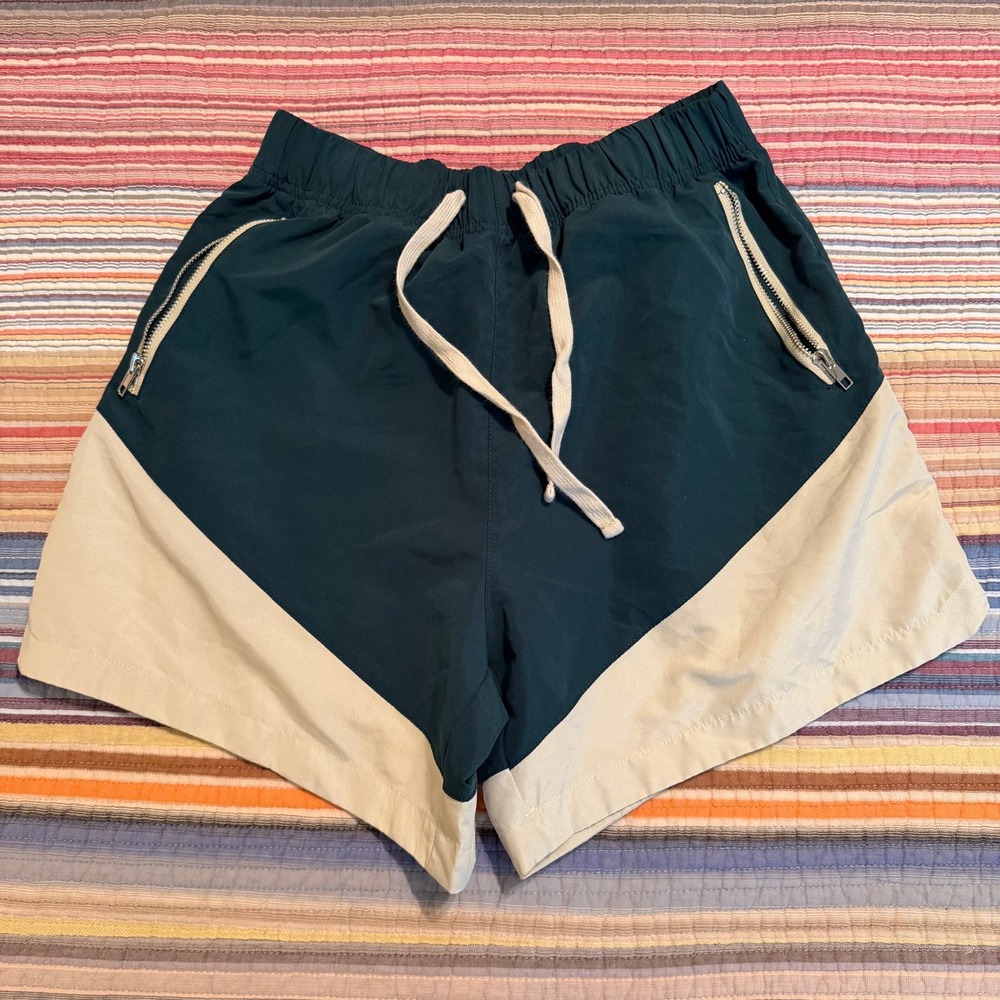PacSun Mens Small Colorblock Nylon Shorts Green Tan Zipper Pockets Elastic Waist